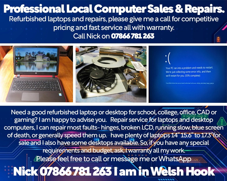 laptop repairs in pembrokeshire also second hand laptops for sale in Pembrokeshire
